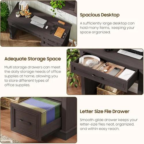 Miniatura 4 de Escritorio para computadora de granja de 47.2 pulgadas con cajón de archivos ajustable, 3 cajones, escritorio ejecutivo reversible con soporte