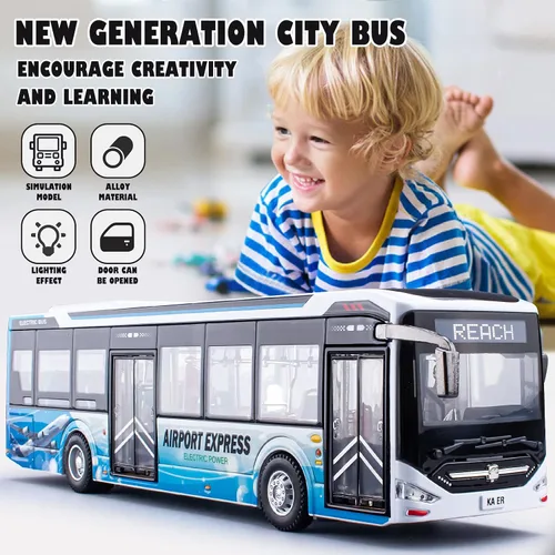 Miniatura 6 de Juguetes de autobús de fundición a presión 1/42, vehículos de juguete de autobús urbano de metal con luces y puertas que se abren para niños