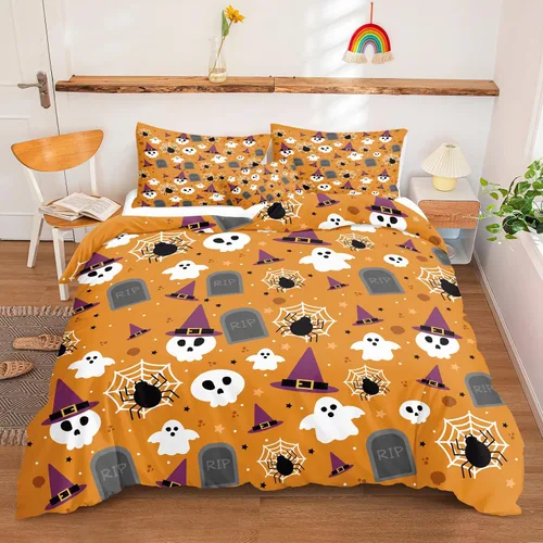 Miniatura 26 de Juego de funda de edredón de calabaza para Halloween, divertido diseño de calabaza malvada, color negro, juego de ropa de cama Tiwn 1 funda