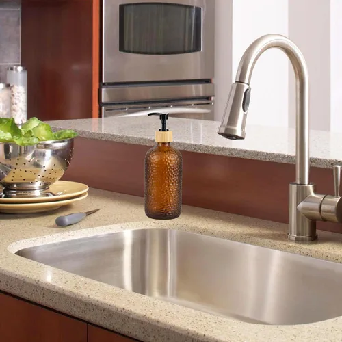 Miniatura 4 de Dispensador de jabón de vidrio de 16 onzas con cabezal de bomba de bambú, dispensador de jabón de cocina y baño recargable para jabón de manos, Ámbar