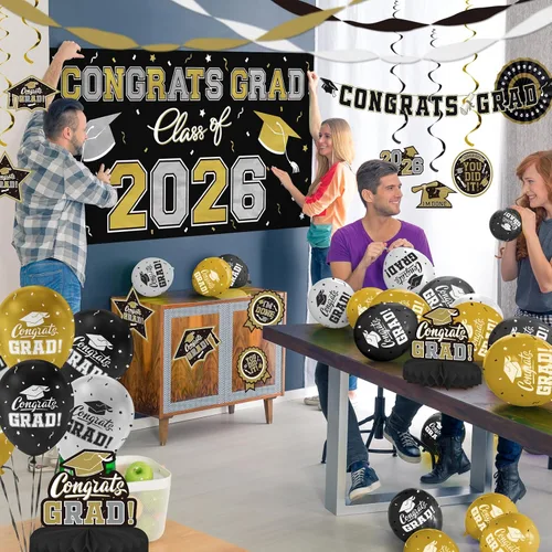 Miniatura 4 de Juego de decoraciones de graduación 2026 con temática negra y dorada, pancarta de felicitaciones, telón de fondo, globos y serpentinas, suministros