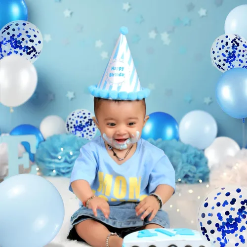 Miniatura 6 de Kit de 68 globos azules y blancos de 12 pulgadas, globos de confeti azul con azul claro, azul bebé y perla blanca con cintas para cumpleaños, bodas