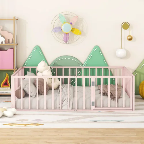 Miniatura 15 de Base de cama individual para niños, cama Montessori de metal con rieles y puerta, marco de cama de tamaño individual con barandillas