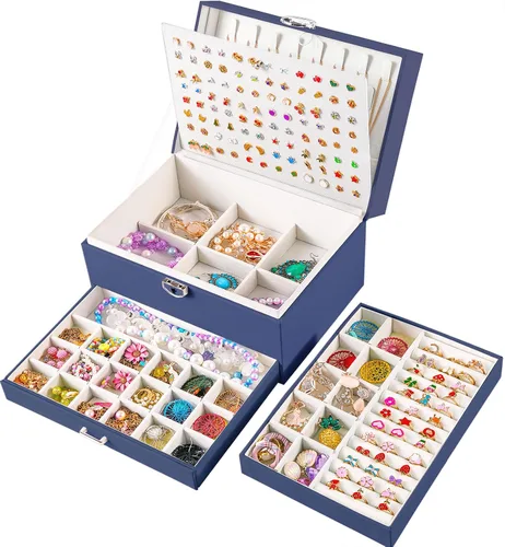Miniatura 82 de Joyero de pendientes para mujeres y niñas, organizador de aretes de 5 capas, caja organizadora de joyas blanca con candado, collares y aretes