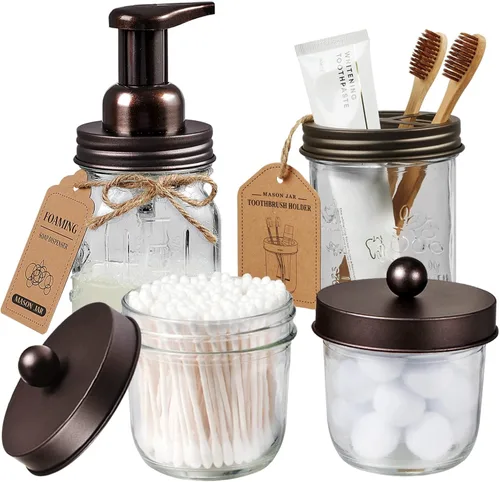 Amolliar Mason Jar - Juego de accesorios de baño (4 unidades), dispensador de jabón espumoso y soporte para cepillo de dientes, decoración rústica