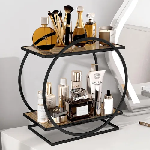 Organizador de perfume para tocador, organizador de encimera de baño negro, organizador de maquillaje de tocador de 2 niveles, organizador de baño y