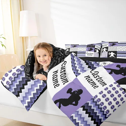 Miniatura 6 de Juego de edredón de softbol personalizado, juego de ropa de cama de retazos a cuadros para niños y niños, edredón de bate de béisbol, juego
