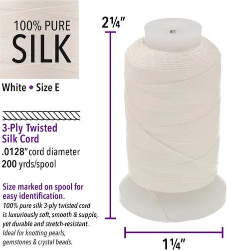 Miniatura 3 de The Beadsmith Cordón de seda pura – Blanco, tamaño E (0.325 mm/0.0128"), 200 yardas (600 pies), carrete de 1/2 onza