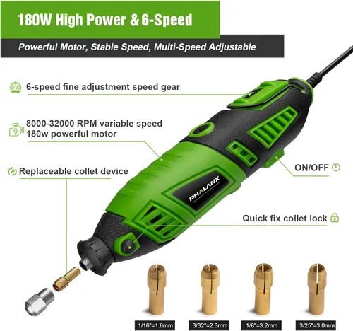 Miniatura 3 de Kit de herramientas rotativas de 180 W, PHALANX de 1.5 amperios de 6 velocidades variables con eje flexible, multiherramienta de 8000 a 32000 RPM