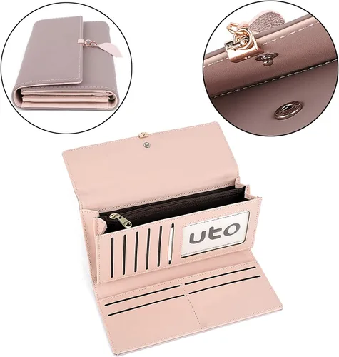 Miniatura 158 de UTO - Cartera pequeña RFID de piel sintética con dije de hoja, cierre de cremallera y tarjetero.