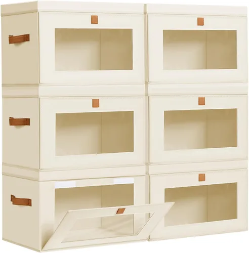 Miniatura 25 de DIMJ Contenedores de Almacenamiento con Tapas - Paquete de 4 Organizadores Grandes de Tela para Armario con Ventana y Asas, Cajas de Almacenamiento