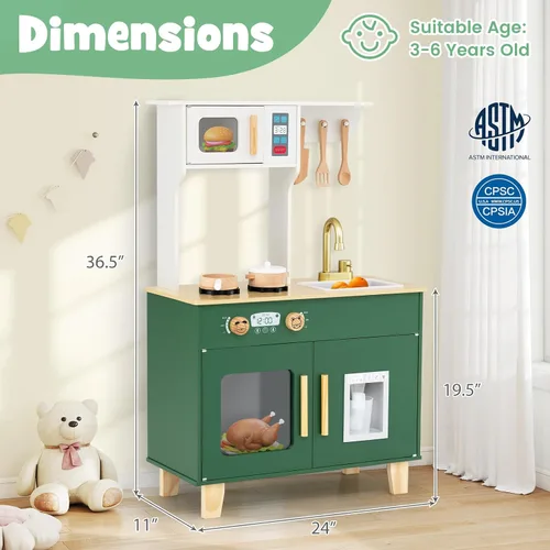 Miniatura 8 de Costzon Cocina de juego para niños, juego de cocina Little Chef con microondas, estufas, pomos de rotación, dispensador de hielo, grifo, fregadero