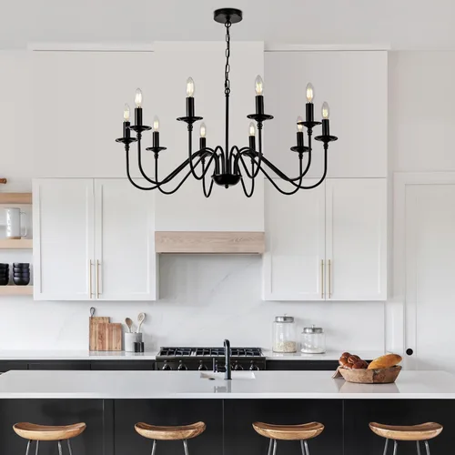 Miniatura 14 de Lámpara colgante estilo granja, luces colgantes negras para isla de cocina, luz colgante de metal industrial y madera vintage, lámpara de techo