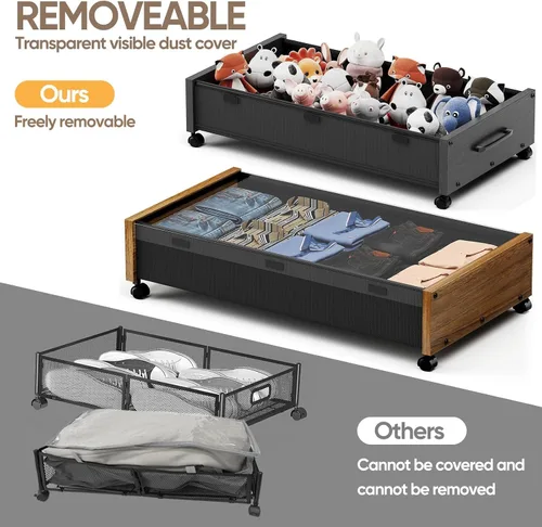 Miniatura 4 de Almacenamiento debajo de la cama con ruedas, 2 paquetes de contenedores de almacenamiento de madera extra grandes debajo de la cama, organizador