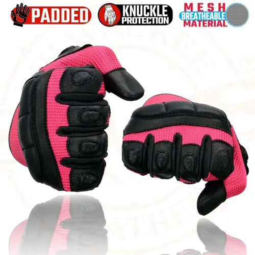 Miniatura 6 de Milwaukee Leather MG7740 - Guantes de moto de carreras de cuero negro y malla verde neón con nudillos y dedos acolchados para mujer Rosado