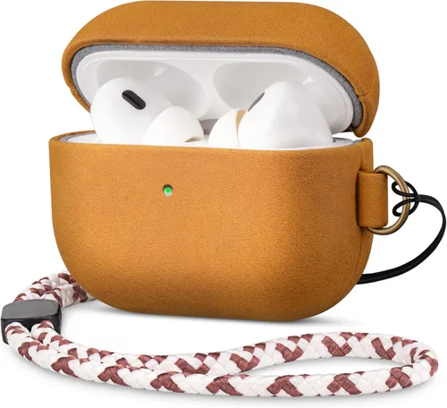 Miniatura 12 de Maogoam Funda de cuero genuino para AirPods Pro 2, botón de sincronización, diseño de clip en D con cordón de mano, funda de cuero encerado