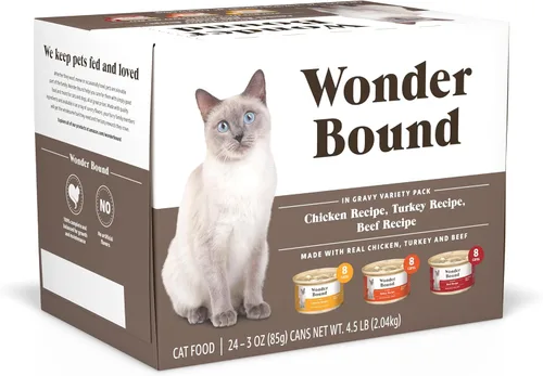 Marca de Amazon - Wonder Bound, paquete variado de comida húmeda gourmet para gatos con salsa (pavo, pollo, ternera), aves, fabricada en EE. UU., 3