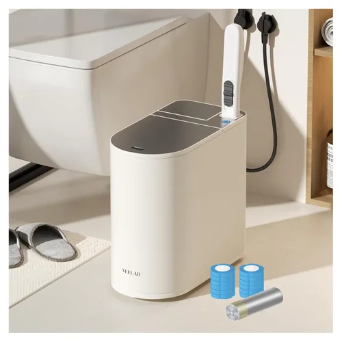 Cubo de basura para baño con tapa - Bote de basura inteligente con sensor de movimiento y cepillo para inodoro, 2 galones / 7L, pequeño cubo de
