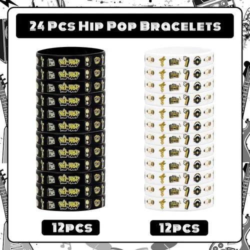 Miniatura 2 de Serencatcher 24 pulseras de silicona de hip hop, notorias pulseras de recuerdo de fiesta, color negro y dorado para los años 80, 90, hip hop, rock