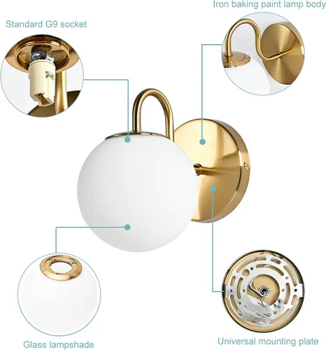 Miniatura 6 de Moderno aplique de pared para dormitorio, latón cepillado, lámpara de pared interior de globo blanco leche, lámpara de pared de vidrio para baño