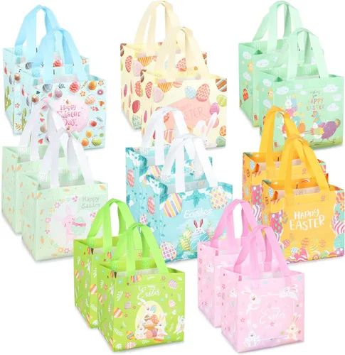 Miniatura 8 de PARSUP 8 bolsas de Pascua con diseño de conejo, zanahoria, huevos de gallina, bolsas no tejidas con asas para envolver regalos, caza de huevos