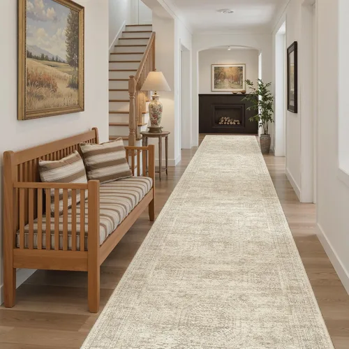 Miniatura 202 de Alfombra de pasillo Soalmost 2'6" x 10' lavable, alfombra antideslizante para cocina, baño, lavandería, alfombras vintage ultra delgadas para Beige