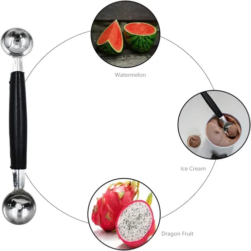 Miniatura 2 de Paquete de 2 cucharas de bola de helado de frutas de doble extremo, bola de melón de acero inoxidable, bolas de melón redondas lisas para sandía