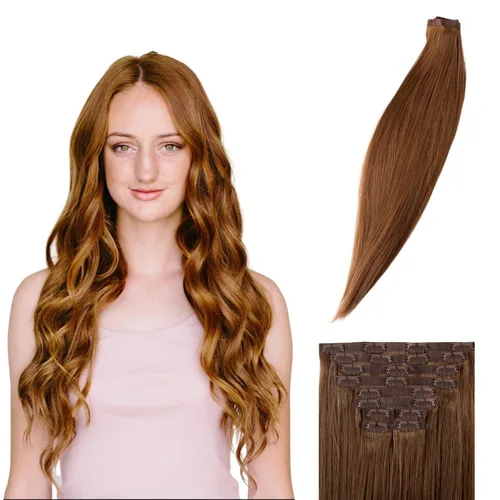 Miniatura 9 de BFB Hair Extensiones de cabello con pinzas para mujer, extensiones de cabello humano real, color castaño y rubio degradado bañado en miel, 21 Miel