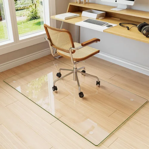 Koonmi Tapete para silla de vidrio templado para suelos de madera dura y alfombras, 30 x 55 pulgadas, protector de piso de oficina transparente