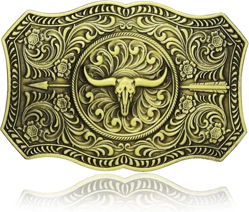 RechicGu Hebilla de cinturón ovalada de calavera de toro de cuerno largo, cuentas de madera turquesa nativa americana, hebillas de vaquero