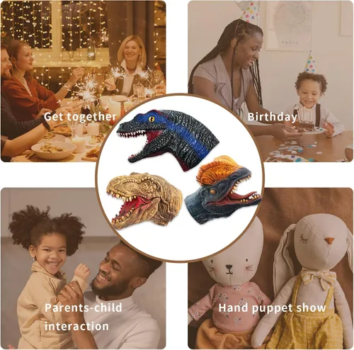 Miniatura 7 de Yolococa Marionetas de mano de dinosaurio, juego de marionetas de animales de látex de 3 piezas con T Rex, velociraptor y dilophosaurus para contar