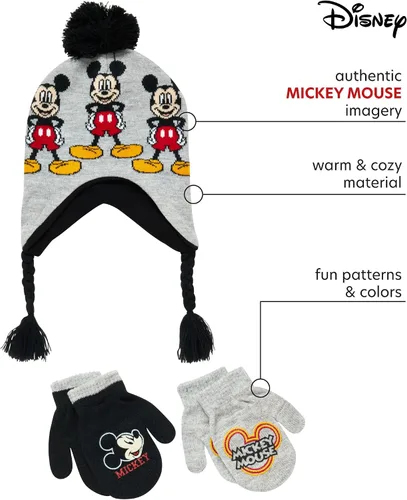 Miniatura 2 de Disney Conjunto de sombrero de invierno de Mickey Mouse y 2 pares de guantes o guantes edad 2-7