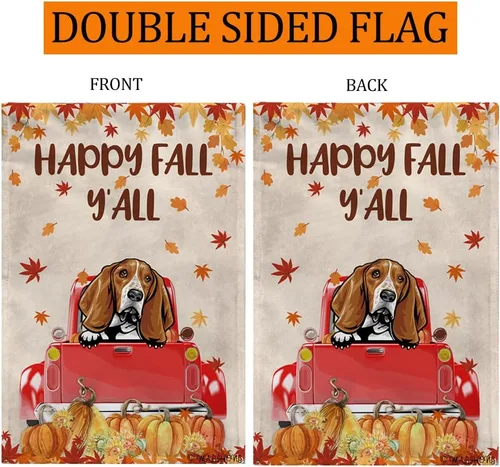 Miniatura 5 de Bandera con texto en inglés «Happy Fall Y'all» con diseño de perro inteligente con calabaza en camión rojo y hojas de arce, pancarta de otoño