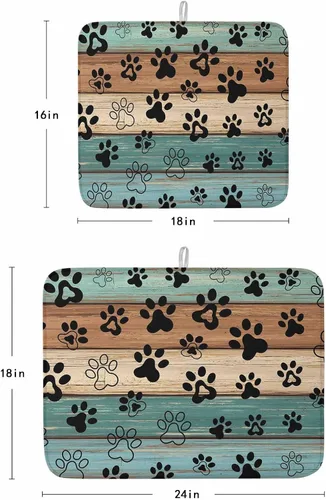 Miniatura 3 de Tapete de secado de platos con estampado de patas de perro para encimera de cocina, tapete de secado de platos de madera verde azulado, marrón