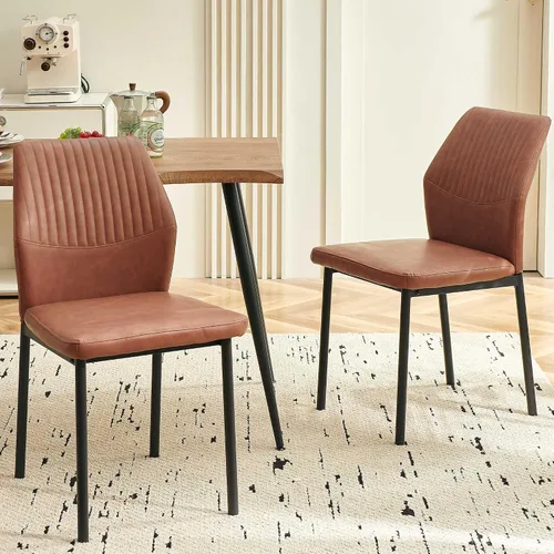 Juego de 2 sillas de comedor de piel sintética con patas de metal negro, juego de 2 sillas de comedor impermeables para cocina y comedor, montaje en