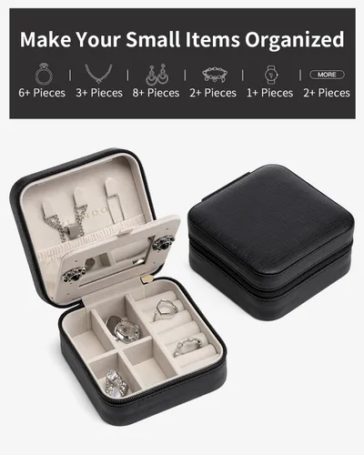 Miniatura 5 de Vlando Estuche de joyería de viaje, caja organizadora de viaje pequeña para niñas y mujeres con espejo negro