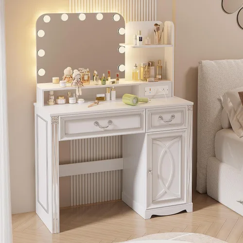 Miniatura 2 de Escritorio de maquillaje con espejo HD y luces, tocador pequeño de 39 pulgadas iluminado con 3 modos de color, tocador moderno con 2 cajones y 1