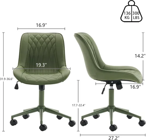 Miniatura 3 de YOUNIKE Silla de oficina ergonómica de piel sintética verde oliva, sin brazos, cómoda silla de escritorio con respaldo mecedor, bonita silla