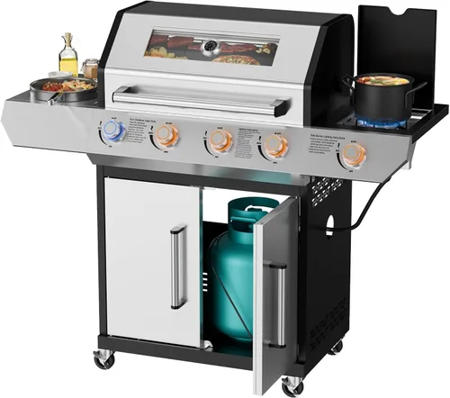 Miniatura 11 de SKOK Parrilla de gas propano de 4 quemadores con quemadores laterales y traseros infrarrojos, parrilla de barbacoa al aire libre con rejillas