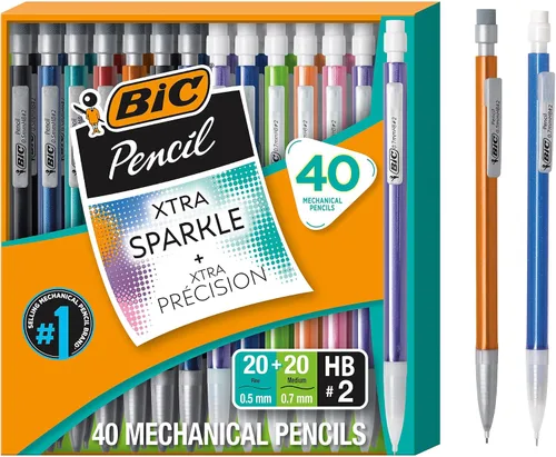 Portaminas BIC N.º 2 extra suave, paquete de 40, veinte de 0.5 mm y veinte de 0.7 mm - barriles de colores surtidos - paquete de variedad de lápices