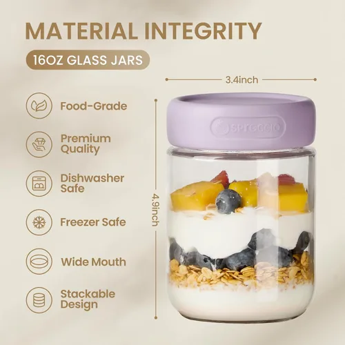Miniatura 2 de Paquete de 6 tarros de vidrio de 16 onzas con tapas, tarros de almacenamiento de vidrio, recipientes de yogur con tapas para ensalada de pudín