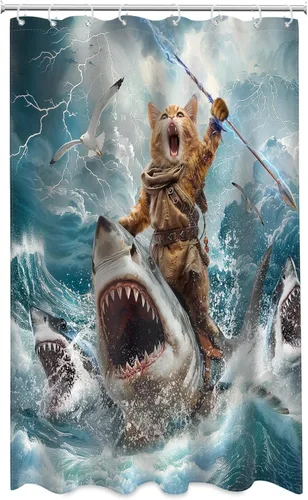 Miniatura 7 de Cortina de ducha divertida con diseño de gato pequeño para montar tiburón, océano, surf, playa, olas de mar, rayos, 48 pulgadas de ancho x 72