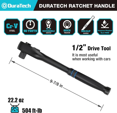 Miniatura 2 de DURATECH Trinquete de accionamiento de 1/2 pulgada, llave de trinquete de liberación rápida de 90 dientes, reversible, hecho en Cr-V, columpio
