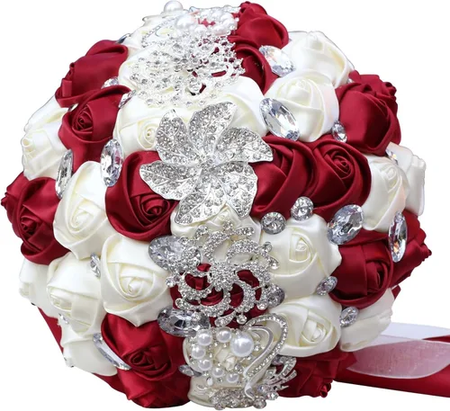 Miniatura 20 de XINNI Ramo de boda nupcial hecho a mano novia dama de honor satén rosa ramo de flores con diamantes de imitación perla encaje decoración de boda