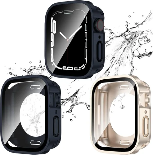 Miniatura 25 de 2 Pack 2 en 1 Funda impermeable para Apple Watch Series 8 7 de 41 mm, Parachoques frontal y trasero de PC de borde recto con protector de pantalla