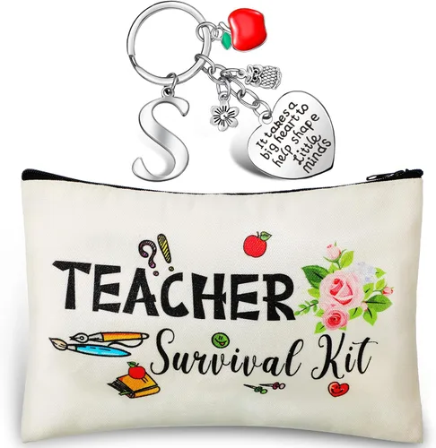 Juego de regalo de agradecimiento al profesor, kit de supervivencia para profesores, llavero con inicial, regalos para profesores de graduación y