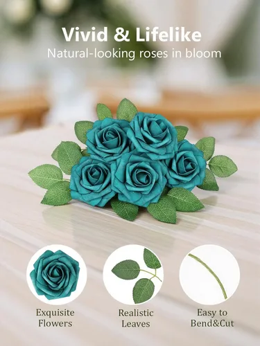 Miniatura 403 de N&T NIETING Flores artificiales, rosas artificiales de color rosa intenso, 50 piezas de flores falsas con tallo para ramos de boda DIY, centros