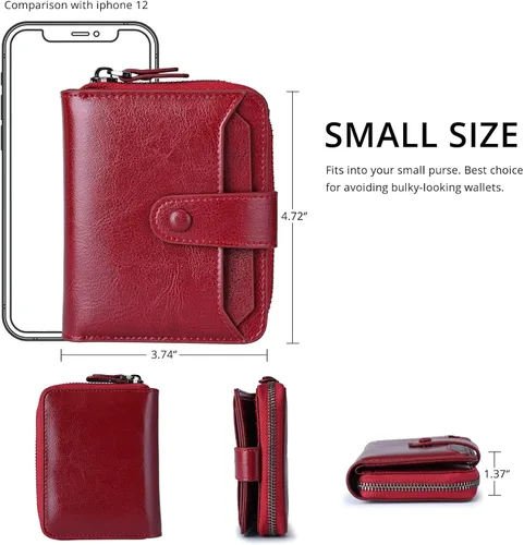 Miniatura 3 de Carteras pequeñas para mujer, con bloqueo RFID, de cuero, con cremallera, bolsillo para monedas, tarjetero, con ventana de identificación, Rojo vino