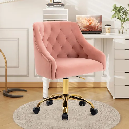 Miniatura 11 de Silla de Oficina para el Hogar, Silla Giratoria de Terciopelo Ajustable de Acento/Tocador con Brazos y Ribete de Tachuelas para Dormitorio