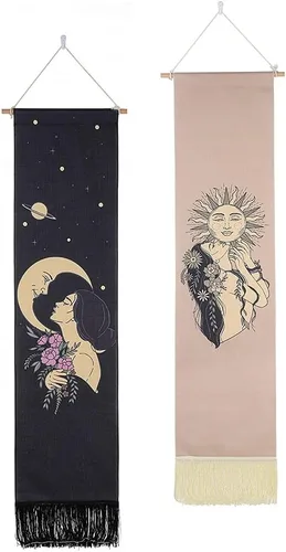 Miniatura 7 de Ochine Paquete de 2 tapices de fase lunar para colgar en la pared, tapices bohemios, fases blancas y negras, decoración del hogar para sala de estar